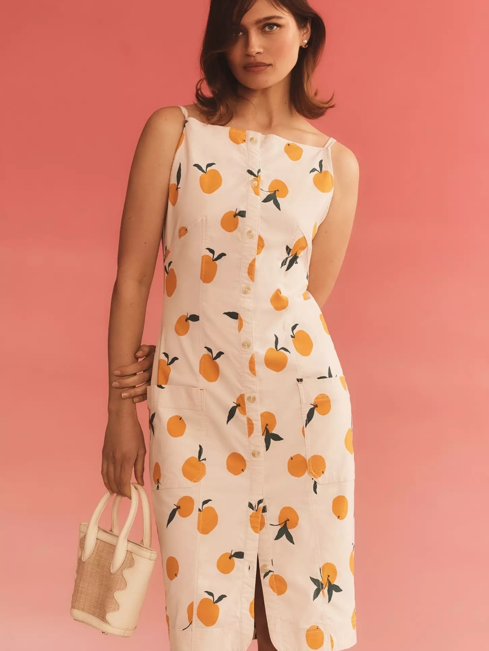 Anthropologie Maeve White Midi Dress with Orange Fruit Print